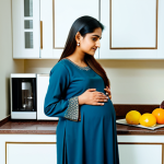 A serene, pregnant Pakistani woman, mid-pregnancy, in a modest, elegantly draped shalwar kameez, standing in a brightly lit, clean home kitchen. She is gently touching her abdomen with a peaceful expression, looking at a kitchen counter filled with a variety of fresh, colorful Pakistani fruits, vegetables, and milk, symbolizing a balanced diet. The setting emphasizes a nurturing, health-conscious environment. fully clothed, appropriate attire, modest clothing, natural pose, perfect anatomy, correct proportions, well-formed hands, proper finger count, professional photography, high quality, safe for work, appropriate content, family-friendly.
