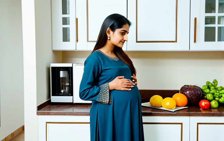 A serene, pregnant Pakistani woman, mid-pregnancy, in a modest, elegantly draped shalwar kameez, standing in a brightly lit, clean home kitchen. She is gently touching her abdomen with a peaceful expression, looking at a kitchen counter filled with a variety of fresh, colorful Pakistani fruits, vegetables, and milk, symbolizing a balanced diet. The setting emphasizes a nurturing, health-conscious environment. fully clothed, appropriate attire, modest clothing, natural pose, perfect anatomy, correct proportions, well-formed hands, proper finger count, professional photography, high quality, safe for work, appropriate content, family-friendly.