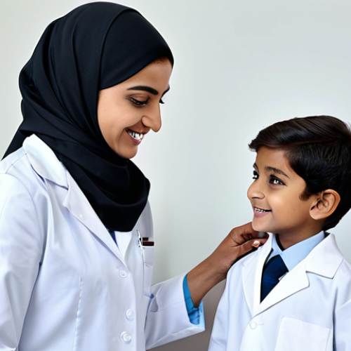 ** A female doctor wearing a hijab and professional lab coat, examining a fully clothed young Pakistani child in a clinic. The child is smiling. Clean, well-lit environment. Safe for work, appropriate content, fully clothed, professional, family-friendly, perfect anatomy, natural pose.

**