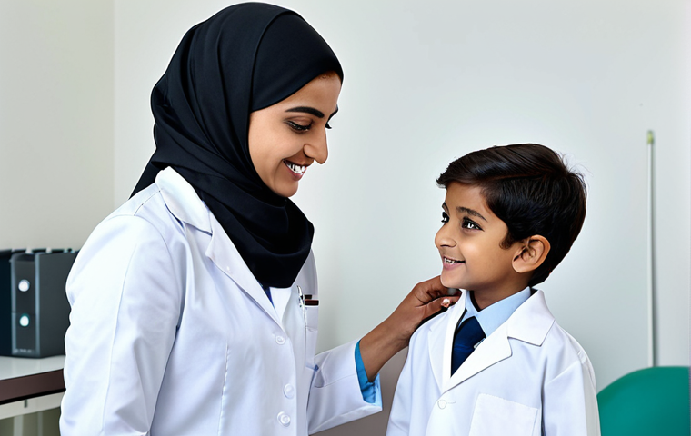 ** A female doctor wearing a hijab and professional lab coat, examining a fully clothed young Pakistani child in a clinic. The child is smiling. Clean, well-lit environment. Safe for work, appropriate content, fully clothed, professional, family-friendly, perfect anatomy, natural pose.
**