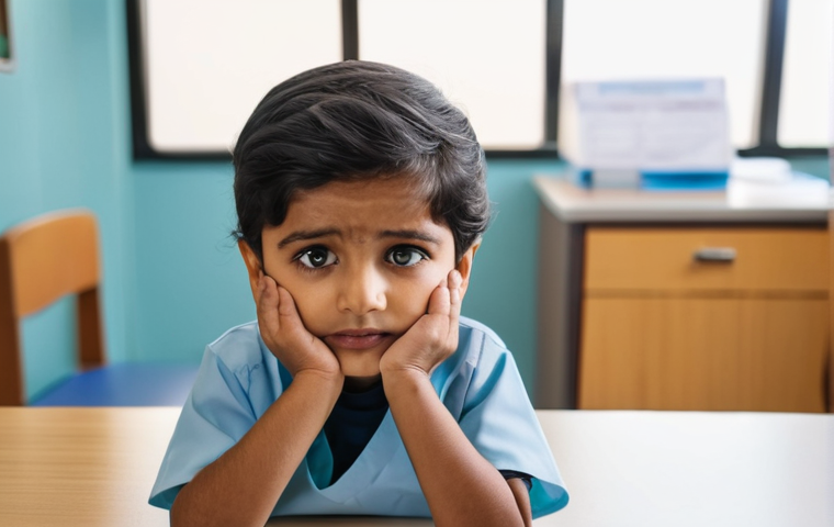 소아 위염과 복통의 관계 - **Prompt:** A heartwarming scene featuring a young South Asian child, approximately 4-5 years old, w...