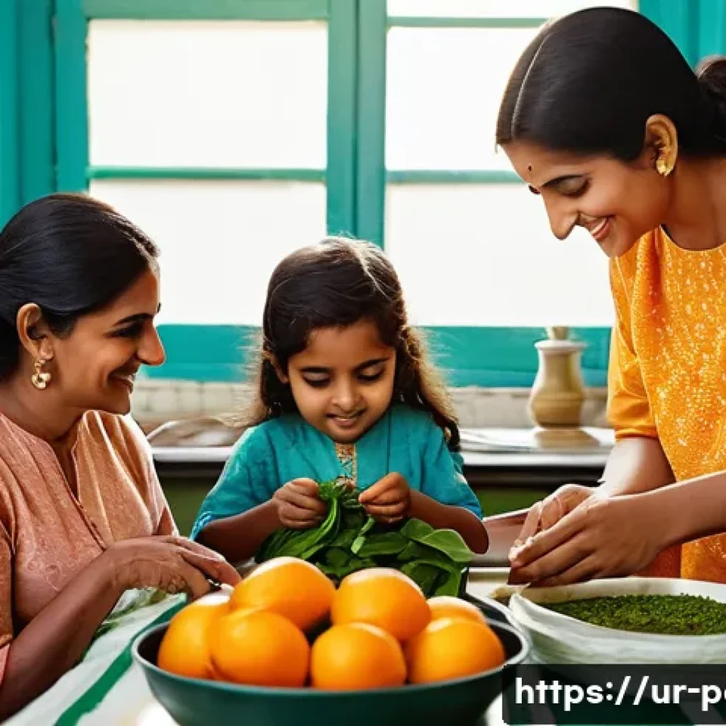 소아 빈혈 원인과 철분 보충법 - A warm and nurturing scene of a South Asian family in a cozy kitchen preparing a nutritious meal ric...