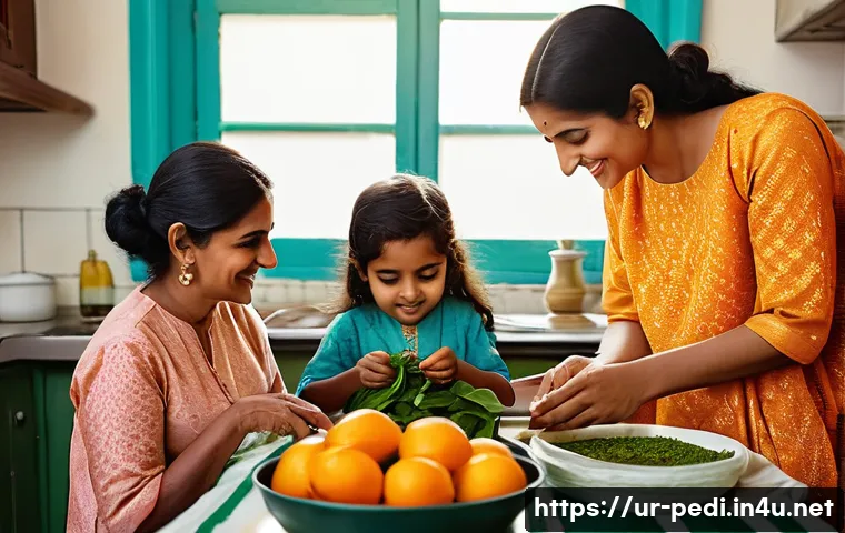소아 빈혈 원인과 철분 보충법 - A warm and nurturing scene of a South Asian family in a cozy kitchen preparing a nutritious meal ric...