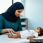 Home 20 소아 신경 발달 검사와 진료 병원 추천 - A modern pediatric clinic scene in Pakistan showing a young Urdu-speaking mother attentively observi...