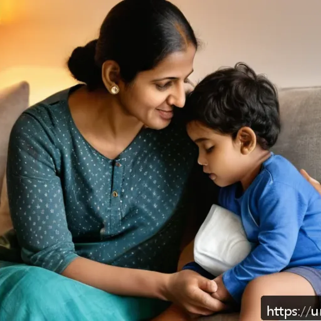 소아기관지염과 폐렴 차이점 - A caring South Asian mother gently comforting her young toddler wearing a clean diaper, sitting on a...