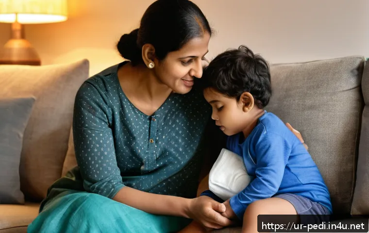 소아기관지염과 폐렴 차이점 - A caring South Asian mother gently comforting her young toddler wearing a clean diaper, sitting on a...
