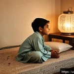 Home 23 영유아 성장통과 관절통 구별법 - A warm and comforting nighttime scene inside a traditional South Asian home, showing a young Urdu-sp...