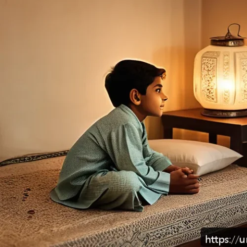 Home 17 영유아 성장통과 관절통 구별법 - A warm and comforting nighttime scene inside a traditional South Asian home, showing a young Urdu-sp...