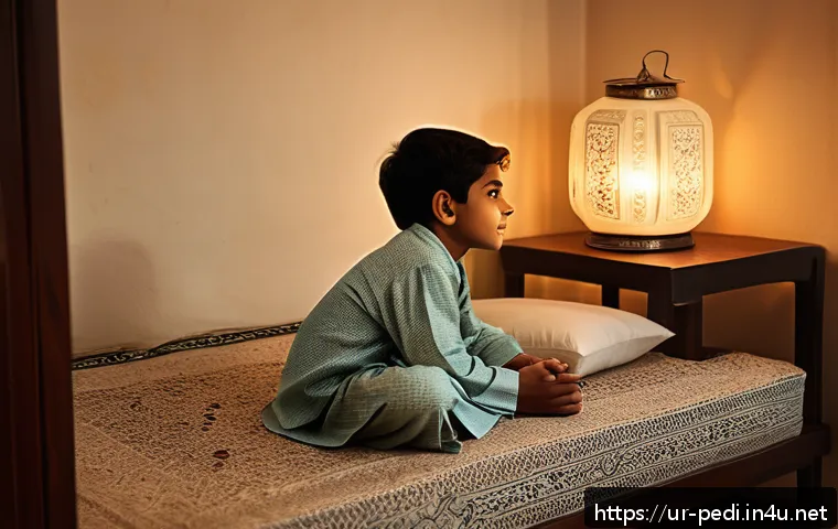 영유아 성장통과 관절통 구별법 - A warm and comforting nighttime scene inside a traditional South Asian home, showing a young Urdu-sp...